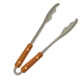 Barbecue metal tongs with wooden handles in cartoon flat style on white background. vector