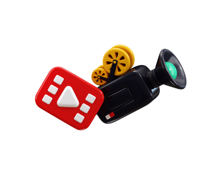 Camera with lens and play button for theater Realistic film movie icon with play button concept of streaming multimedia movie cinema record illustration png