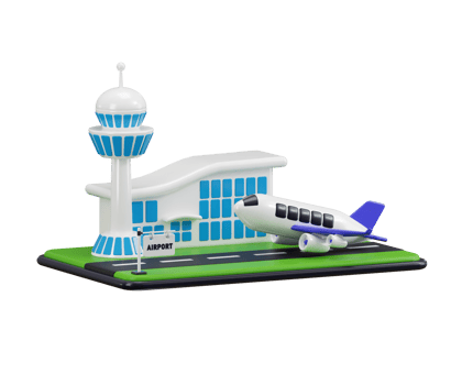 Modern airport building with passenger plane icon 3d render concept of passenger transportation, international airports, buying and selling tickets illustration png