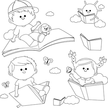 Happy children flying with books in the sky. Children book day celebration. Black and white coloring page. vector