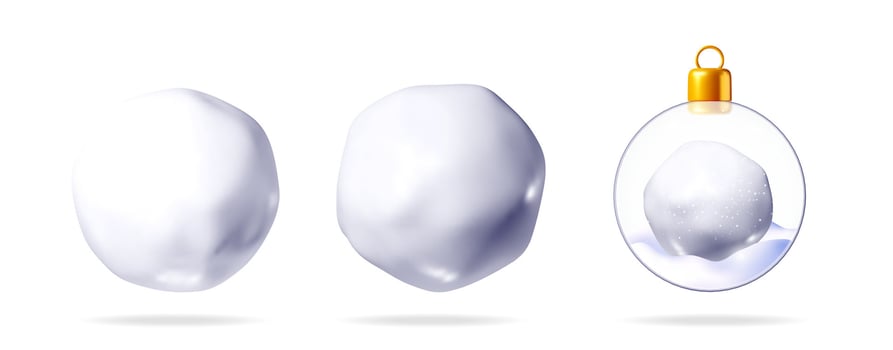 3d illustration set icon of realistic snowballs and a clear glass christmas ornament with snow inside. vector