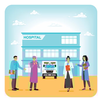 Hospital Front With Doctors, Medical Staff and Ambulance. vector