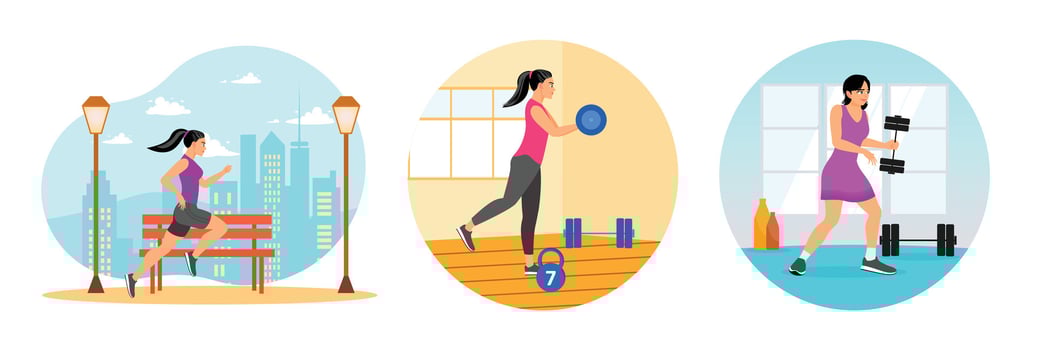 Woman Running Outdoors. Performing Dumbbell Exercise. Lifting Dumbbell for Pumps Up Her Muscles. vector