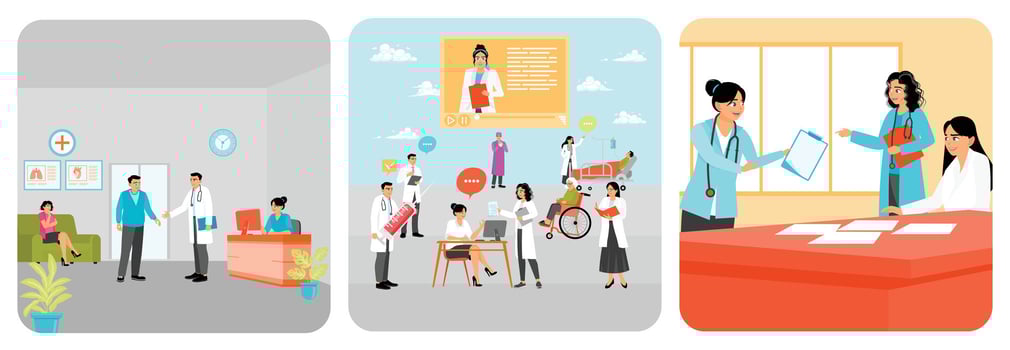 Doctor Greeting Patient. Collaborative Medical Team. Clinic staff meeting. vector