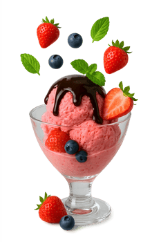 Strawberry Ice Cream with Chocolate Sauce, Fresh Berries, and Mint on Transparent Background, Refreshing Summer dessert, delicious food png