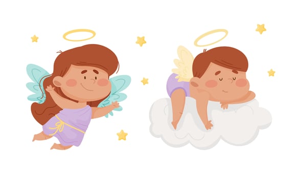 Cute baby angels with nimbus and wings. Lovely angelic little children flying in the sky illustration vector