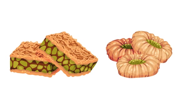 Middle east desserts with pistachios set. Turkish delights, traditional oriental cuisine sweets illustration vector