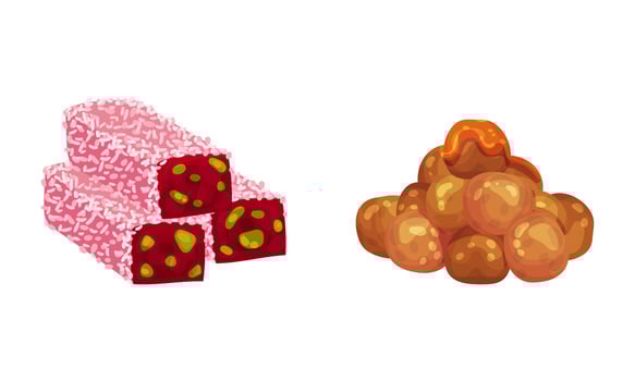 Oriental cuisine deserts set. Turkish delights traditional sweets illustration vector