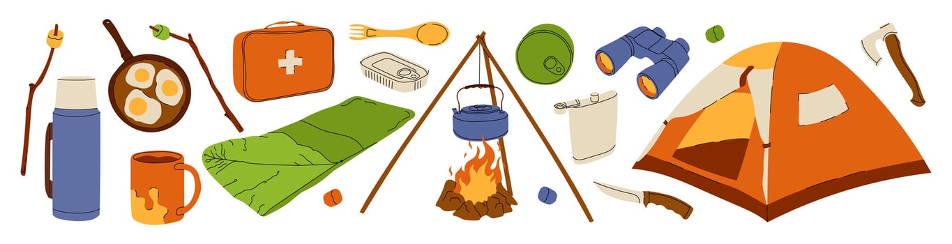 Camping essentials illustration featuring a tent, campfire, food, utensils, sleeping bag, binoculars, axe, and other outdoor gear. Perfect for adventure and travel themes. Stock Illustration. vector