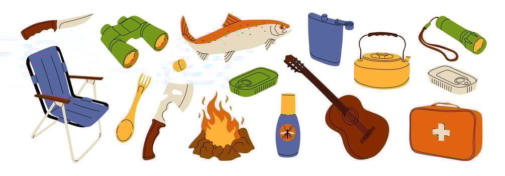 Colorful camping gear illustration featuring a camp chair, fire, food, cooking pot, guitar, binoculars, marshmallows, and utensils, ideal for outdoor adventure themes. Stock Illustration. vector
