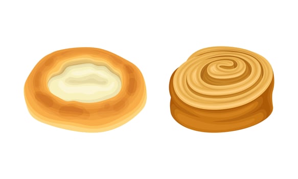 Pastry products for bakery menu assortment set. Curd patty and sweet roll bun illustration vector