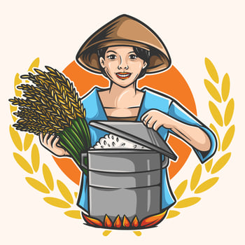 a woman in a hat holding rice and a basket vector