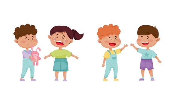 Friendly Little Kids Greeting and Sharing Toy with Crying Agemate Set vector