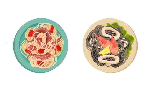Noodles with Octopus and Shrimp as Seafood Dish Above View Set vector