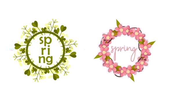 Spring Frame with Green Foliage and Blooming Pink Flowers Set vector