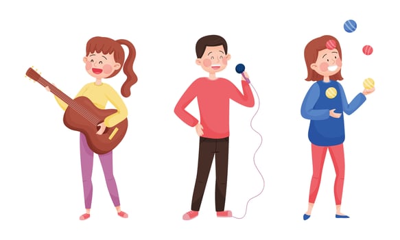 Street Performance with Man Artist Singing and Woman Juggling Balls Set vector