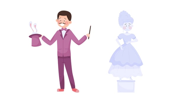 Street Performance with Man Magician Making Magic Trick and Woman Playing Statue Set vector