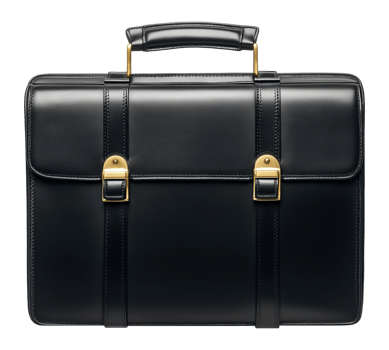 Classic black leather briefcase with dual buckles image isolated transparent. Attache case cut out . Fashion accessory. Portfolio bag cutout element object photography png