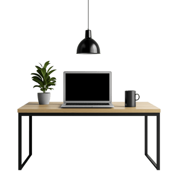 Minimalist desk setup with laptop, coffee mug, plant image isolated transparent. Hanging lamp over workstation table cut out . Notebook home office cutout object photography png