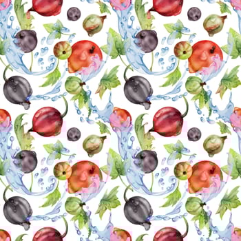 Currant gooseberry flying in water splash with green leaves and dew drops, ripe garden berry casseille juneberry jostaberry hand drawn in watercolor. Isolated seamless pattern. Fabric, wrapping paper vector