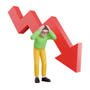 Cartoon Man Frustrated Grips Head Near Declining Red Arrow on Transparent Background png