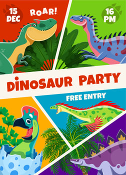 Dino party flyer with dinosaur characters vector
