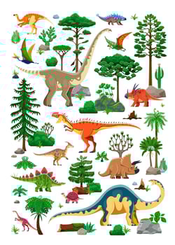 Prehistoric era plants and dinosaur characters landscape background. Cartoon jurassic dino animals with jungle forest trees and succulents, funny stegosaurus, triceratops, tapejara dinosaurs vector