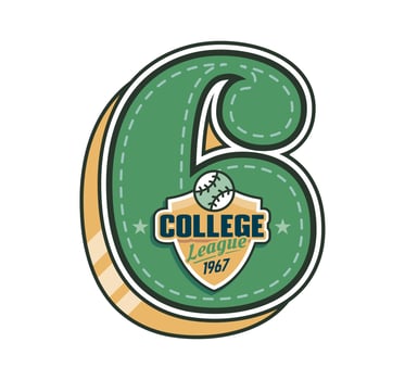 Varsity sport patch, number 6 font, baseball ball vector