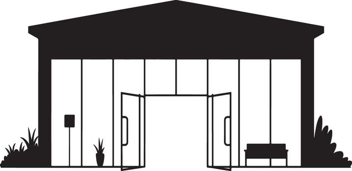 Modern building exterior silhouette with glass facade open doors and plants. vector