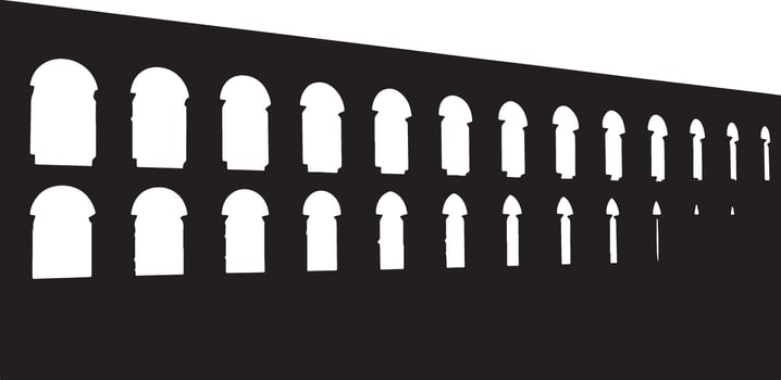 Abstract black and white silhouette of an ancient roman aqueduct or wall with numerous arches. vector