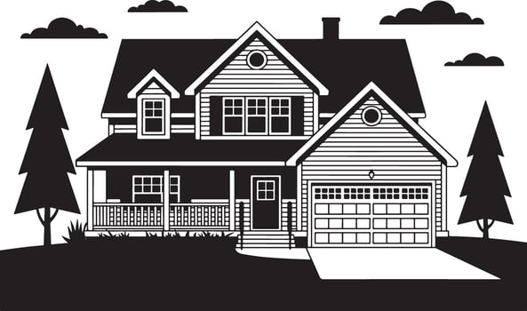 Two story suburban house with garage and trees black and white illustration. vector
