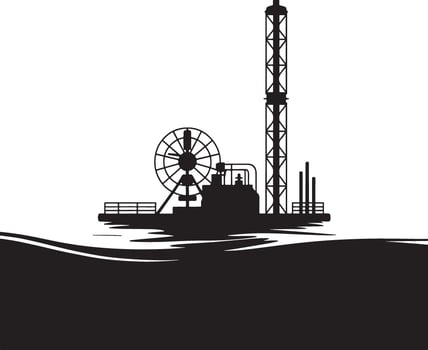 Offshore oil platform silhouette black and white illustration. vector
