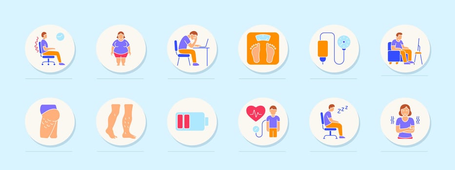 Sedentary lifestyle set icon. Sitting posture, obesity, laptop fatigue, scale, drip therapy, tv, cellulite, leg veins, low energy, heart check, sleep in chair, body chills. vector