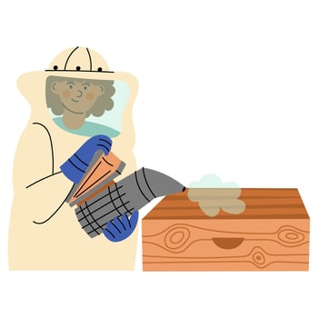 Woman beekeeping in a protective suit, holding a smoker tool for hive. Flat illustration of a female beekeeper caring for bees. Concept of sustainable agriculture, eco lifestyle, and nature care. vector