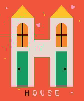 Creative illustration of a house design resembling the letter H. Featuring vibrant colors and heart accents on a bold background, ideal for playful, modern design projects. vector