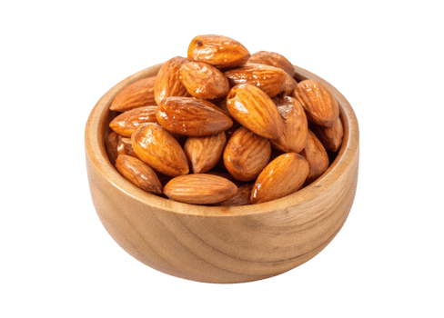 Honey-roasted almonds in a wooden bowl isolated on a transparent background png