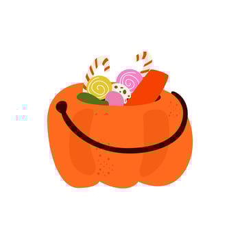 Happy Halloween festive element for decoration, prints, stickers. Spooky pumpkin trick or treat bag. Cartoon sweets pumpkin basket with lollipops and candy vector