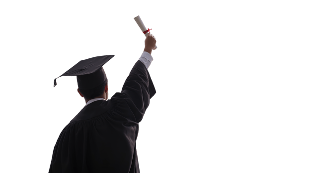 Back View of Graduate Celebrating on Mountain Peak Holding Diploma, Transparency Background with Copy Space png