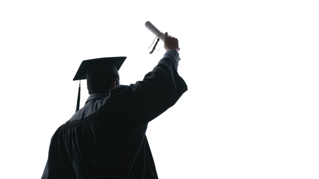Back View of Graduate Celebrating with Raised Arm Holding Diploma with Copy Space for Text. Symbol of Achievement png