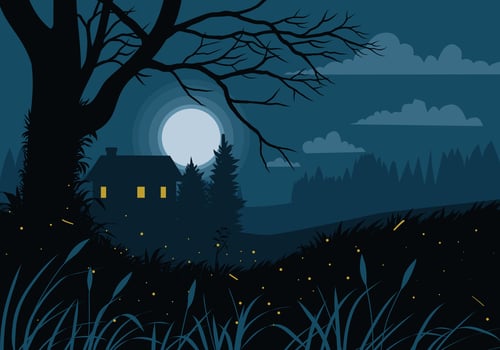 Peaceful countryside night time illustration with a house, trees, firefly and full moon vector