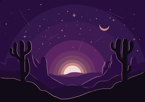Fantasy desert night sky illustration with moon and stars vector