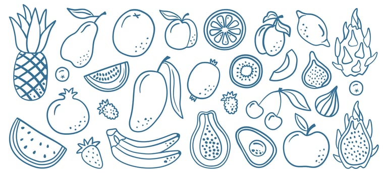 Hand-drawn doodle illustration of assorted fruits like pineapple, mango, and dragon fruit in blue line art, ideal for healthy eating, tropical themes, and food-related designs. vector