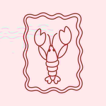 Doodle scribble abstract lobster with claws. Coquette aesthetic line art frame. Marine crawfish with pincers. Hand drawn sketch, creative drawing. Water animal, seafood. Summer design element vector