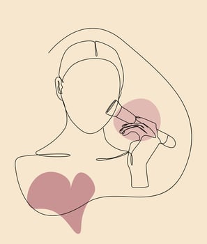 Modern minimalist single continuous line drawing of a woman holding a makeup brush, surrounded by soft heart shapes. beauty, skincare campaign, fashion editorial etc. vector