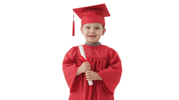 Young Child in Mini Graduation Cap and Bright Robe Holding Diploma, Smiling on transparent Background png