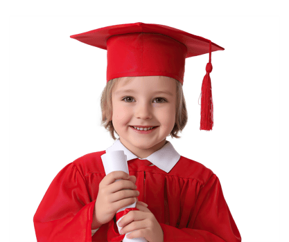 Young Child in Mini Graduation Cap and Bright Robe Holding Diploma. Smiling on transparent Background png