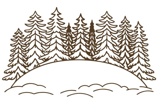 Winter forest outline illustration with fir trees on snowy hill hand drawn coniferous landscape sketch design vector