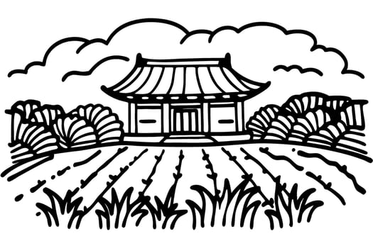 Traditional asian pavilion in countryside field, landscape with farm crops and surrounding shrubs, hand drawn illustration vector