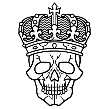 Royal crowned skull illustration monochrome human skull with ornate crown, detailed line art, gothic tattoo motif vector