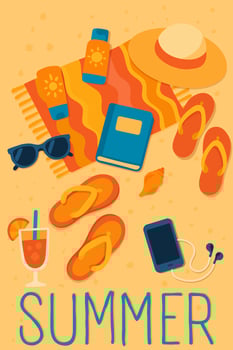summer beach set with sunglasses, slippers, sea, cocktail and players in style y2k vector